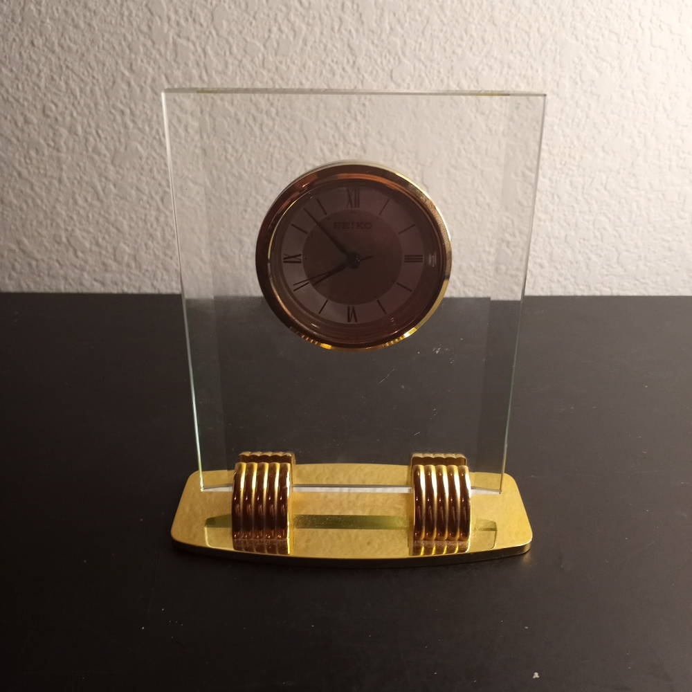 SEIKO Crystal 4"x6" Mantle/Desk Clock on Solid Brass Pedestal